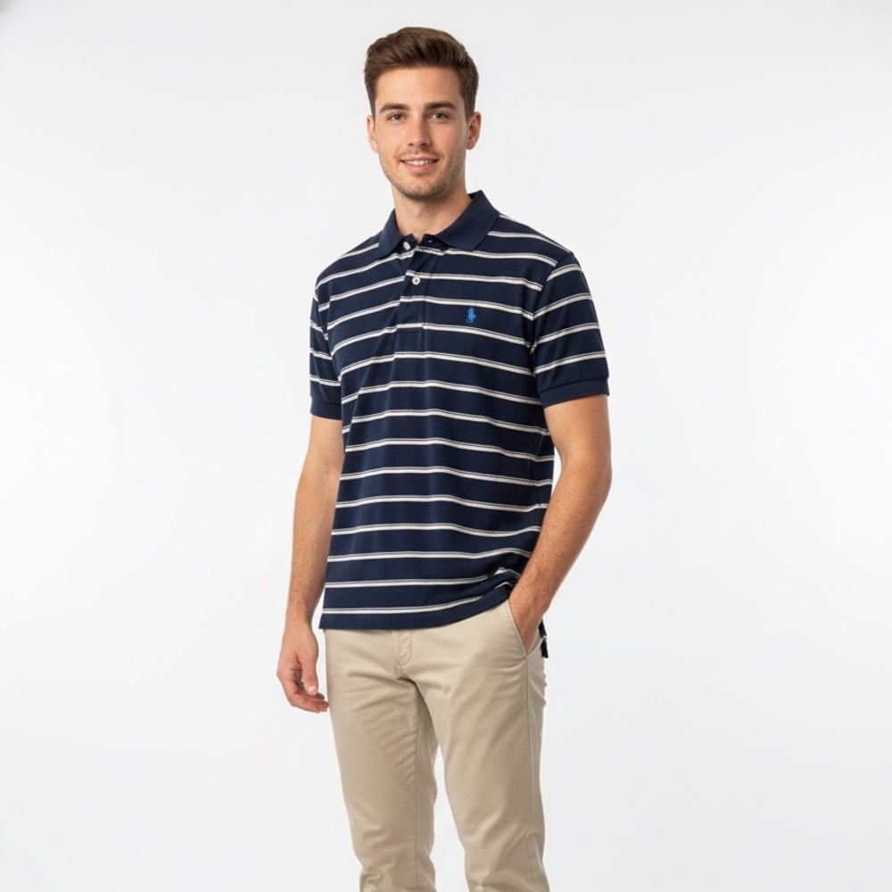 Ralph Lauren 100% Cotton Navy and White Striped Polo Shirt Medium
